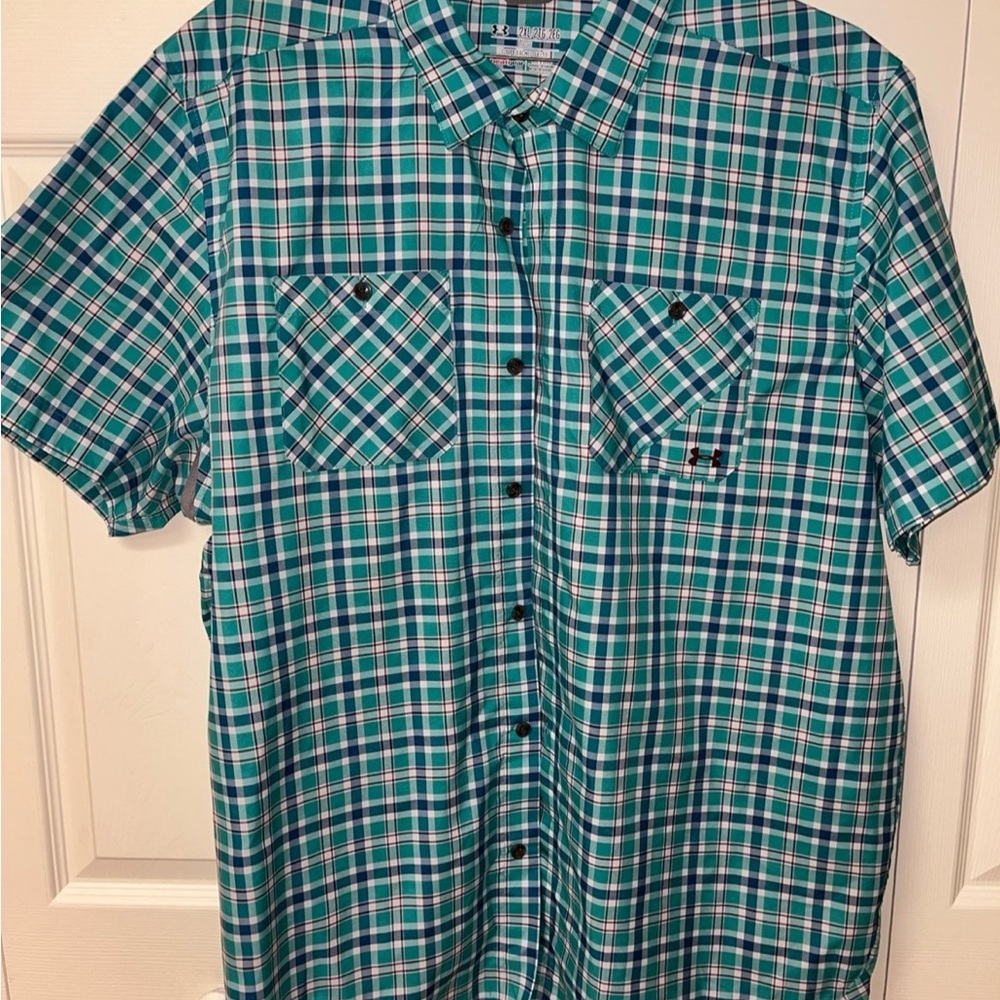 Under Armour Teal and White Plaid Button Down Shirt